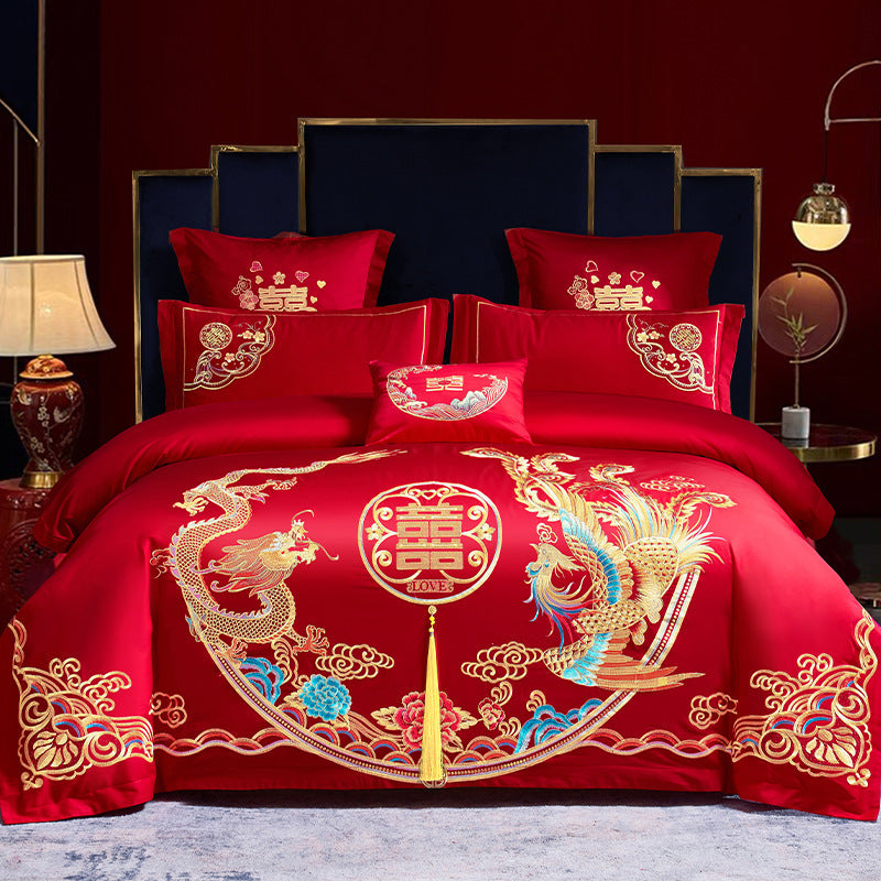 KTX-285651 Cotton Wedding Embroidery Bedding Set - Dragon and Phoenix Design, 4-Piece Collection for 1.5m, 1.8m, and 2.0m Beds