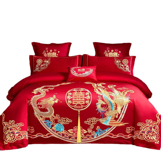 KTX-285651 Cotton Wedding Embroidery Bedding Set - Dragon and Phoenix Design, 4-Piece Collection for 1.5m, 1.8m, and 2.0m Beds