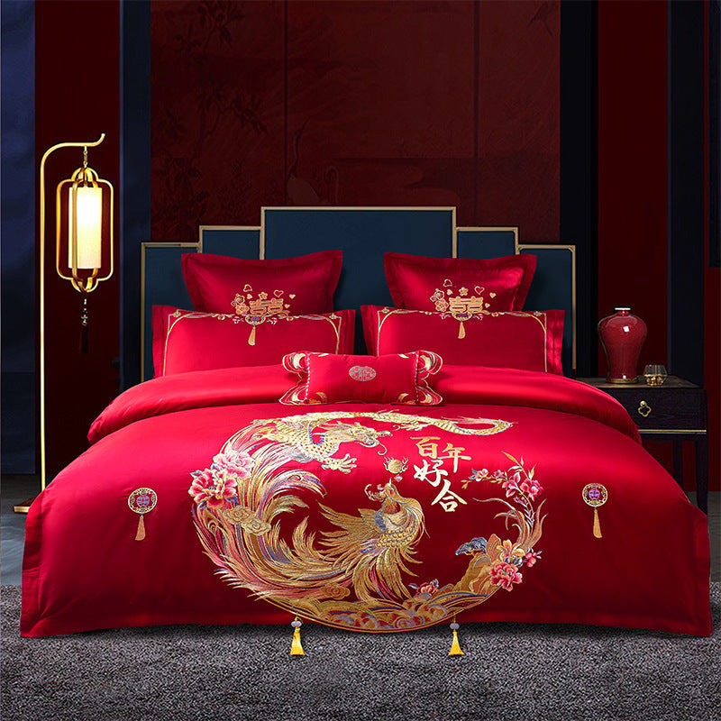 KTX-285651 Cotton Wedding Embroidery Bedding Set - Dragon and Phoenix Design, 4-Piece Collection for 1.5m, 1.8m, and 2.0m Beds