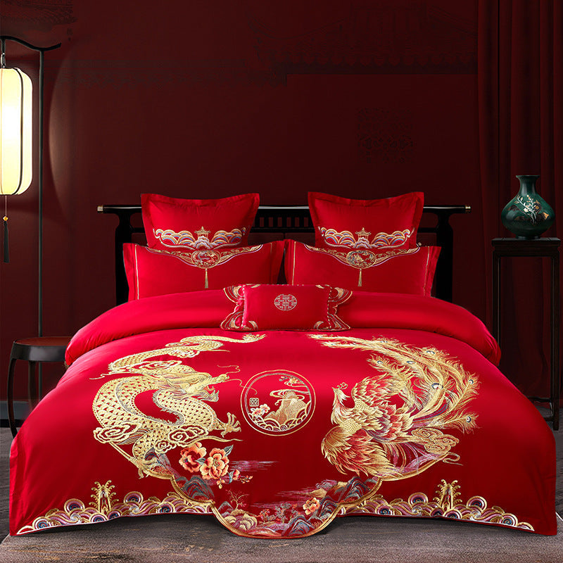 KTX-285651 Cotton Wedding Embroidery Bedding Set - Dragon and Phoenix Design, 4-Piece Collection for 1.5m, 1.8m, and 2.0m Beds