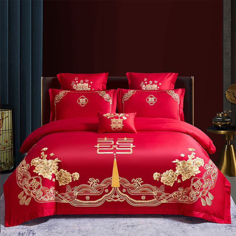 KTX-285651 Cotton Wedding Embroidery Bedding Set - Dragon and Phoenix Design, 4-Piece Collection for 1.5m, 1.8m, and 2.0m Beds