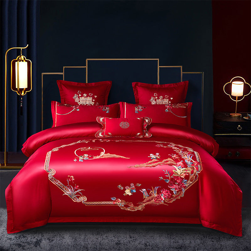 KTX-285651 Cotton Wedding Embroidery Bedding Set - Dragon and Phoenix Design, 4-Piece Collection for 1.5m, 1.8m, and 2.0m Beds