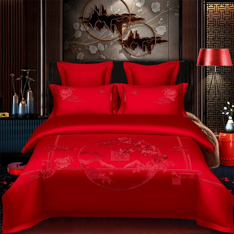 KTX-285651 Cotton Wedding Embroidery Bedding Set - Dragon and Phoenix Design, 4-Piece Collection for 1.5m, 1.8m, and 2.0m Beds