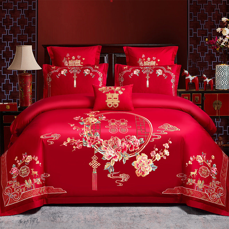 KTX-285651 Cotton Wedding Embroidery Bedding Set - Dragon and Phoenix Design, 4-Piece Collection for 1.5m, 1.8m, and 2.0m Beds
