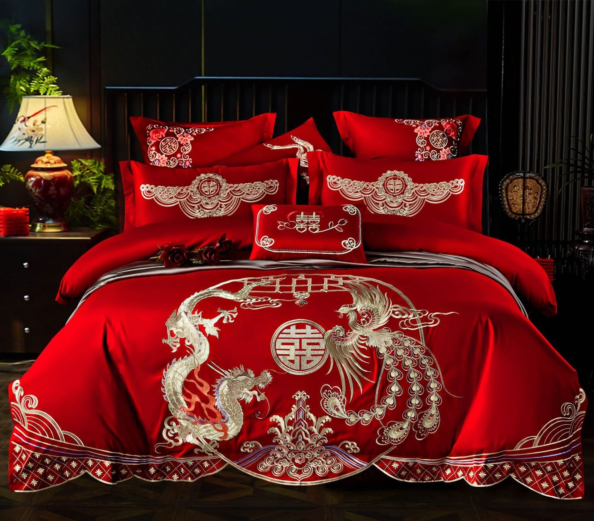 KTX-285651 Cotton Wedding Embroidery Bedding Set - Dragon and Phoenix Design, 4-Piece Collection for 1.5m, 1.8m, and 2.0m Beds