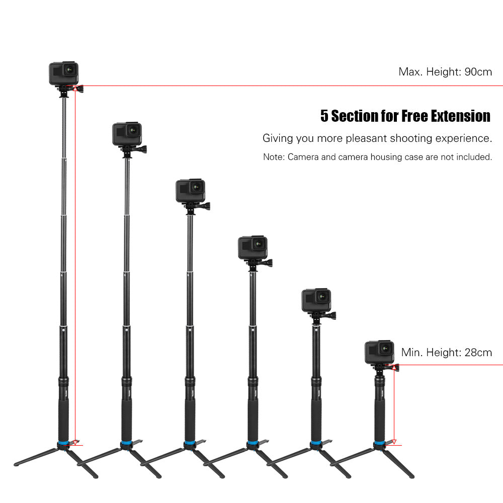 KTX-288019 Aluminum Alloy Tripod Selfie Stick for iPhone and Action Cameras, Adjustable Height 28cm to 90cm, Includes Phone Holder and Mount Adapter