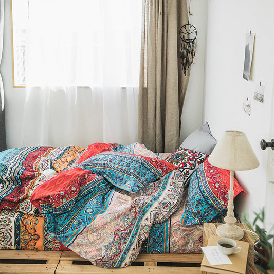 KTX-290259 Four-Piece Cotton Brushed Ethnic Style Bedding Set in Flower Design