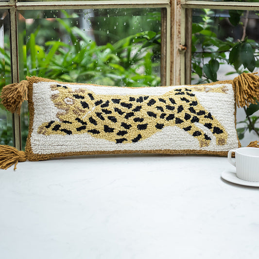 KTX-291411 Spotted Leopard Fringed Long Cushion Pillow for Living Room, Cotton Fill, 54x20cm