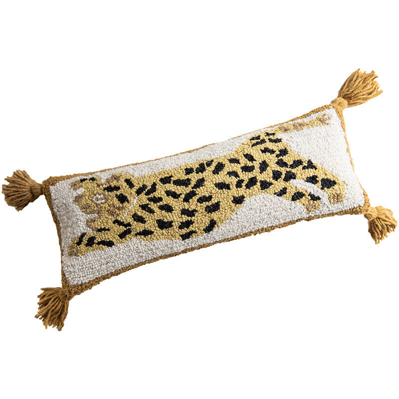 KTX-291411 Spotted Leopard Fringed Long Cushion Pillow for Living Room, Cotton Fill, 54x20cm