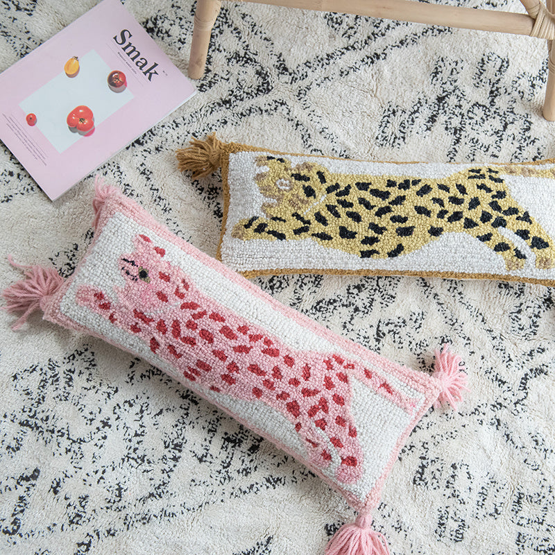 KTX-291411 Spotted Leopard Fringed Long Cushion Pillow for Living Room, Cotton Fill, 54x20cm