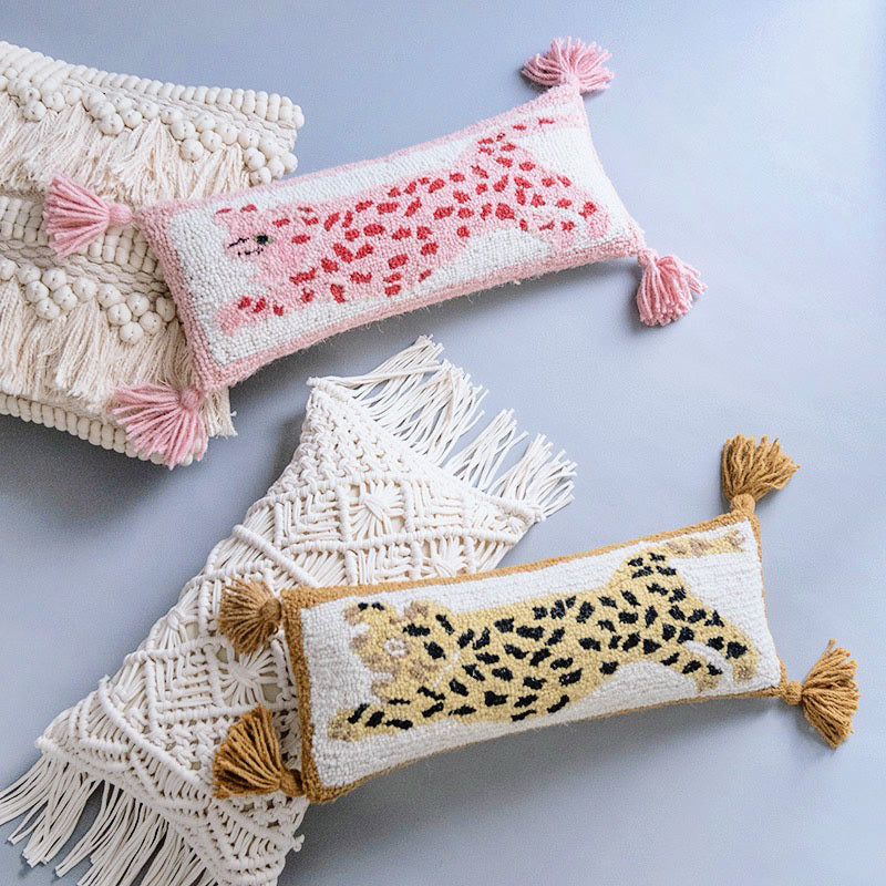 KTX-291411 Spotted Leopard Fringed Long Cushion Pillow for Living Room, Cotton Fill, 54x20cm