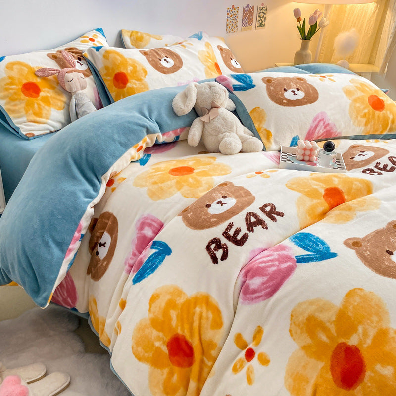 KTX-294867 Cozy Milk Velvet Winter Bed Set with Cartoon and Geometric Patterns - Four-Piece Duvet Cover, Sheet, and Pillowcases