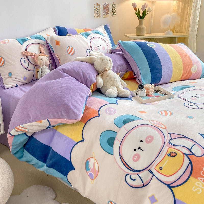 KTX-294867 Cozy Milk Velvet Winter Bed Set with Cartoon and Geometric Patterns - Four-Piece Duvet Cover, Sheet, and Pillowcases