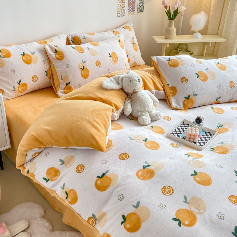 KTX-294867 Cozy Milk Velvet Winter Bed Set with Cartoon and Geometric Patterns - Four-Piece Duvet Cover, Sheet, and Pillowcases