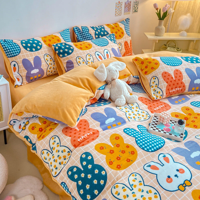 KTX-294867 Cozy Milk Velvet Winter Bed Set with Cartoon and Geometric Patterns - Four-Piece Duvet Cover, Sheet, and Pillowcases