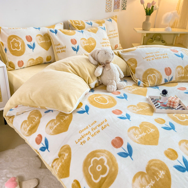 KTX-294867 Cozy Milk Velvet Winter Bed Set with Cartoon and Geometric Patterns - Four-Piece Duvet Cover, Sheet, and Pillowcases