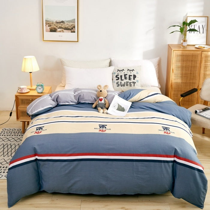 KTX-295699 Cotton Three-Piece Quilt Cover Set for Student Dormitory with Cartoon and Floral Patterns