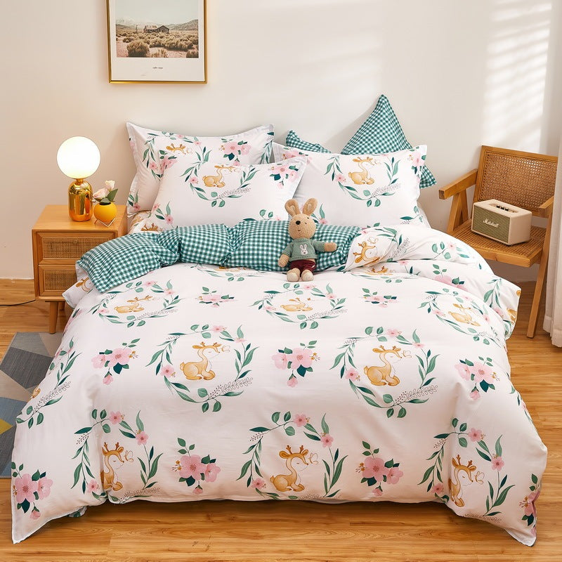 KTX-295699 Cotton Three-Piece Quilt Cover Set for Student Dormitory with Cartoon and Floral Patterns