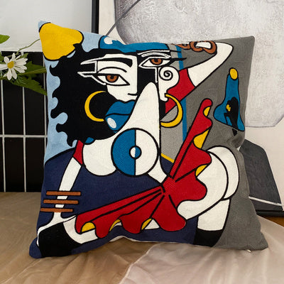 KTX-295763 Abstract Picasso-Inspired Embroidered Throw Pillowcase - 45X45 Cotton Design in Various Colors