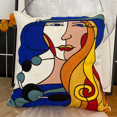 KTX-295763 Abstract Picasso-Inspired Embroidered Throw Pillowcase - 45X45 Cotton Design in Various Colors