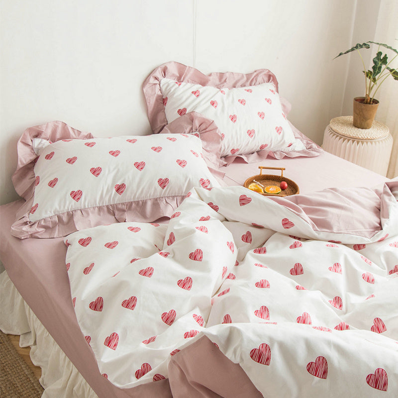 KTX-299155 Korean Heart Shape Quilt Cover Set - 4-Piece Bedding in Customizable Colors