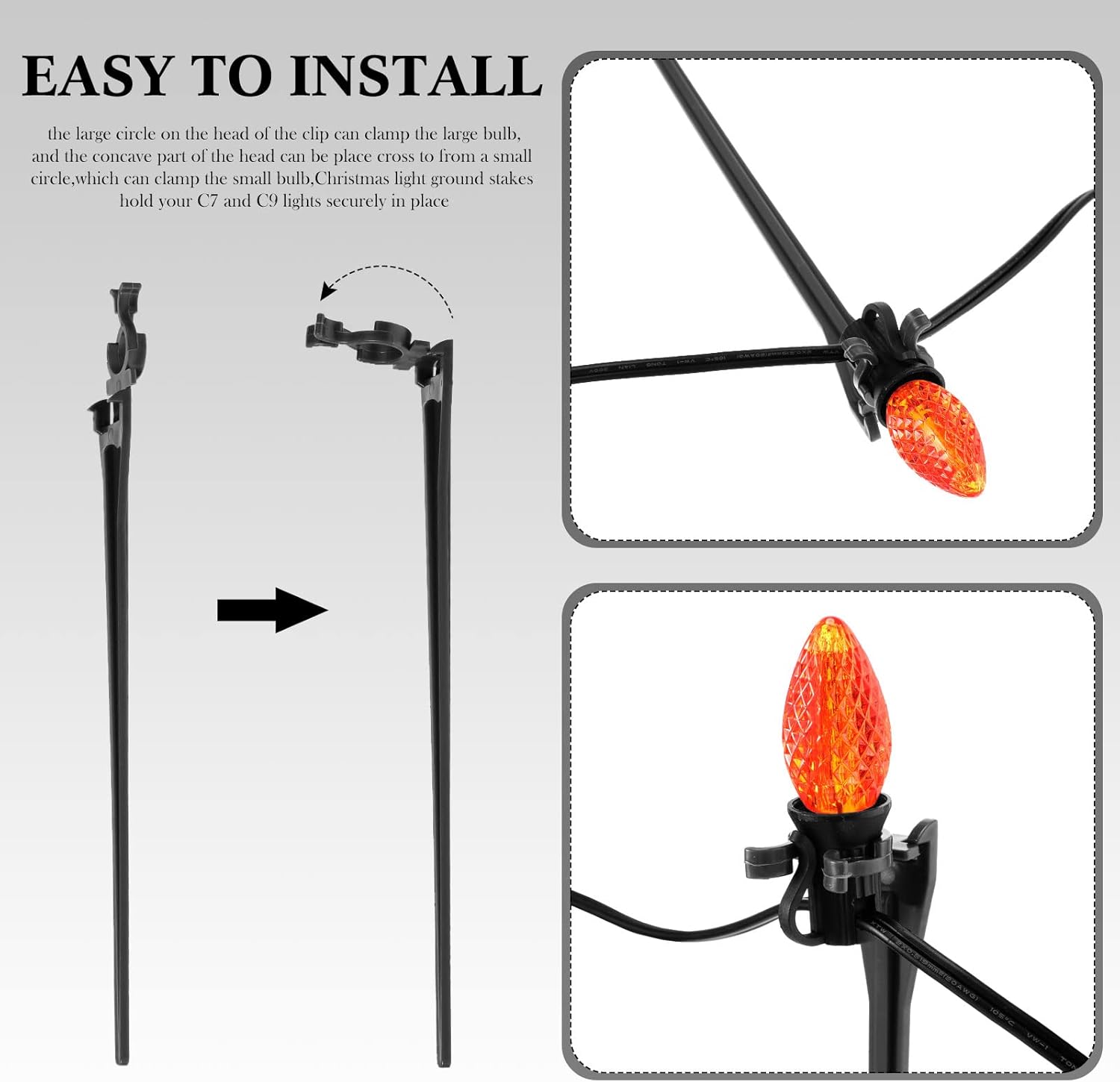 KTX-302803 Christmas Light Stakes for C7/C9 String Lights - 400 Durable Black Plastic Yard Stakes, 7.5 Inches High