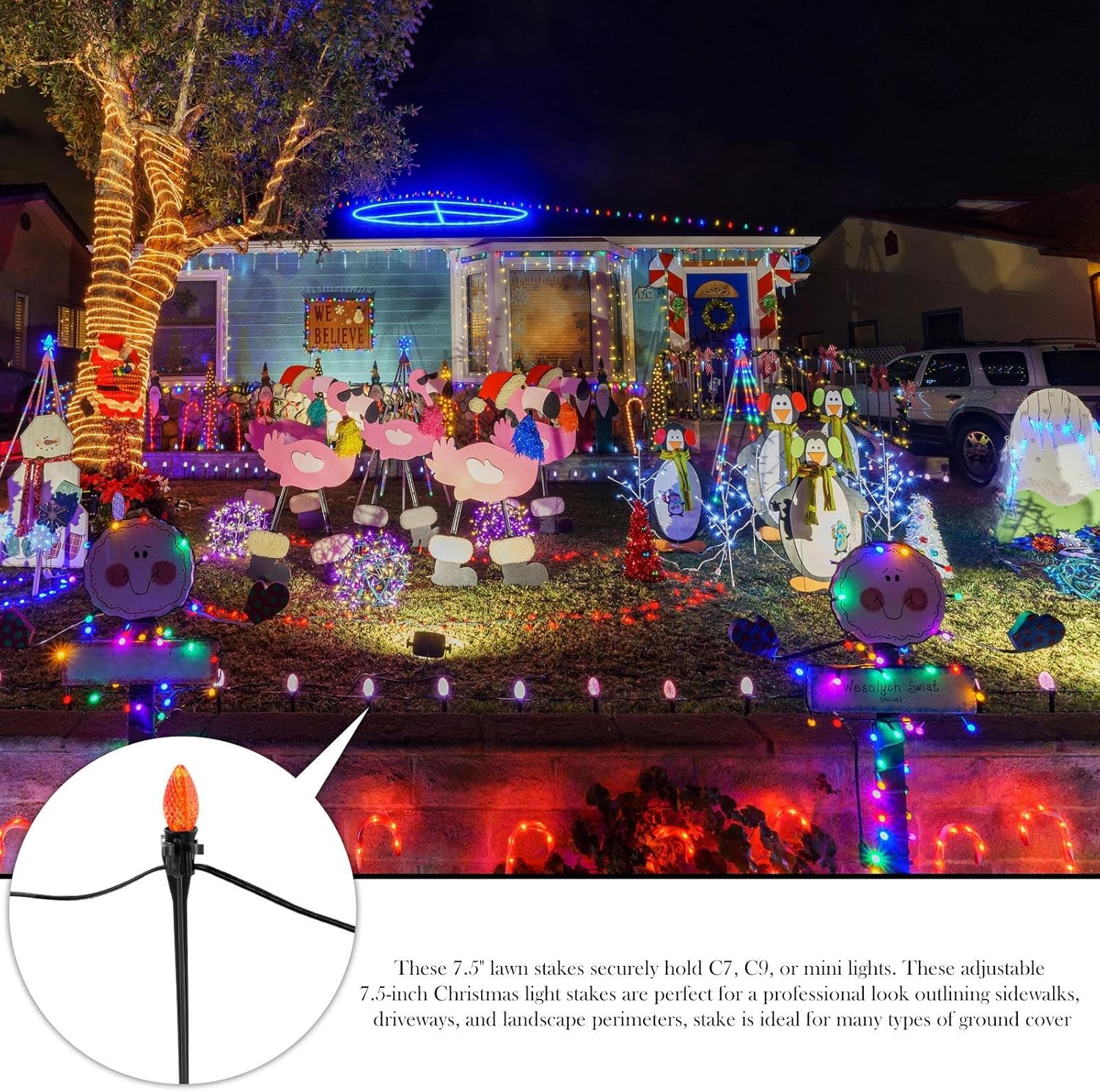 KTX-302803 Christmas Light Stakes for C7/C9 String Lights - 400 Durable Black Plastic Yard Stakes, 7.5 Inches High