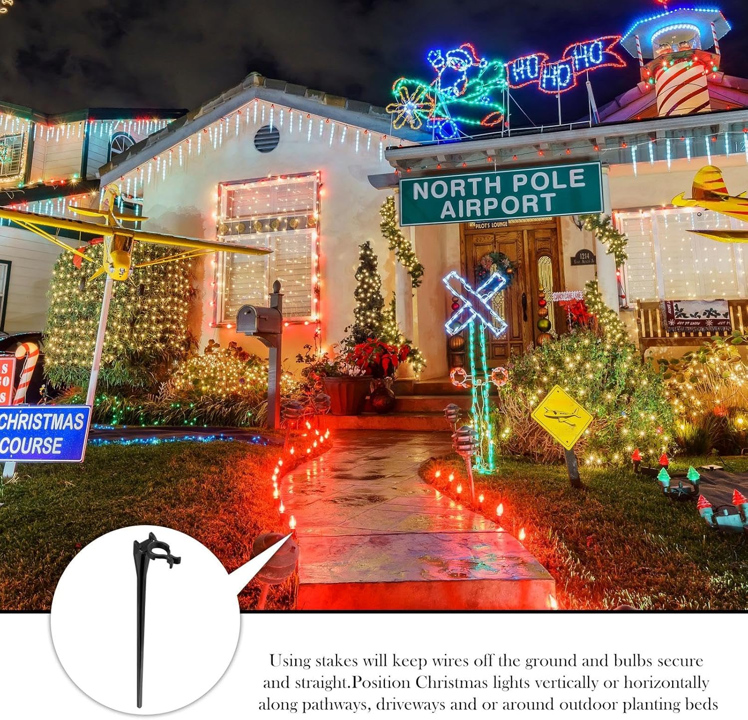 KTX-302803 Christmas Light Stakes for C7/C9 String Lights - 400 Durable Black Plastic Yard Stakes, 7.5 Inches High