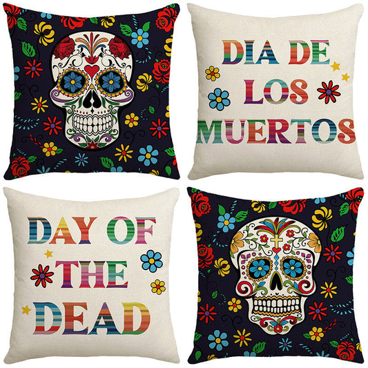 KTX-303571 Cartoon Skull Linen Pillow Cover for Halloween, 45x45cm, Nordic Style, Multiple Designs