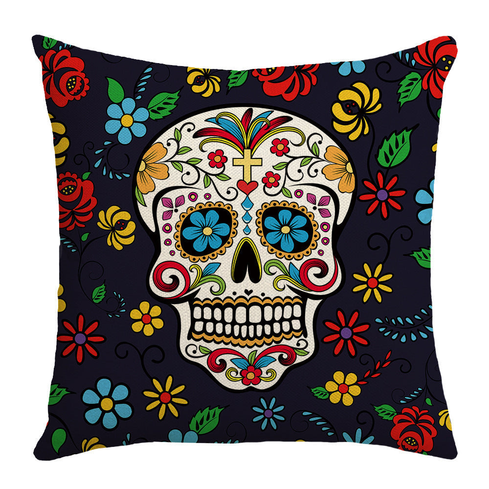 KTX-303571 Cartoon Skull Linen Pillow Cover for Halloween, 45x45cm, Nordic Style, Multiple Designs