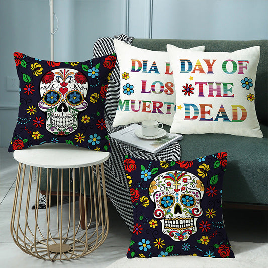 KTX-303571 Cartoon Skull Linen Pillow Cover for Halloween, 45x45cm, Nordic Style, Multiple Designs