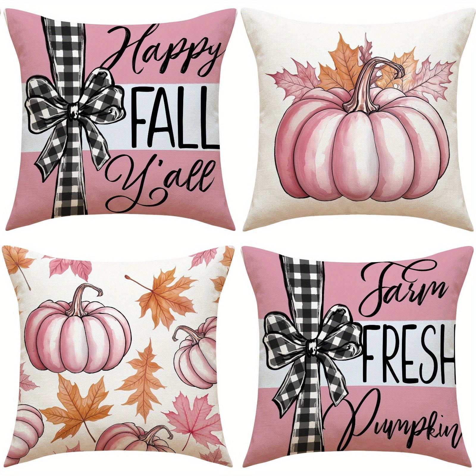 KTX-304595 Autumn 4-Pack Pillow Covers 18x18in with Pumpkin and Maple Leaf Design for Seasonal Home Decor