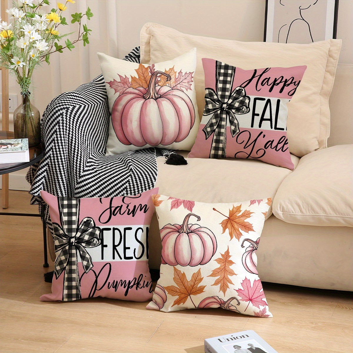 KTX-304595 Autumn 4-Pack Pillow Covers 18x18in with Pumpkin and Maple Leaf Design for Seasonal Home Decor
