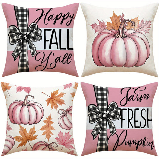 KTX-304595 Autumn 4-Pack Pillow Covers 18x18in with Pumpkin and Maple Leaf Design for Seasonal Home Decor