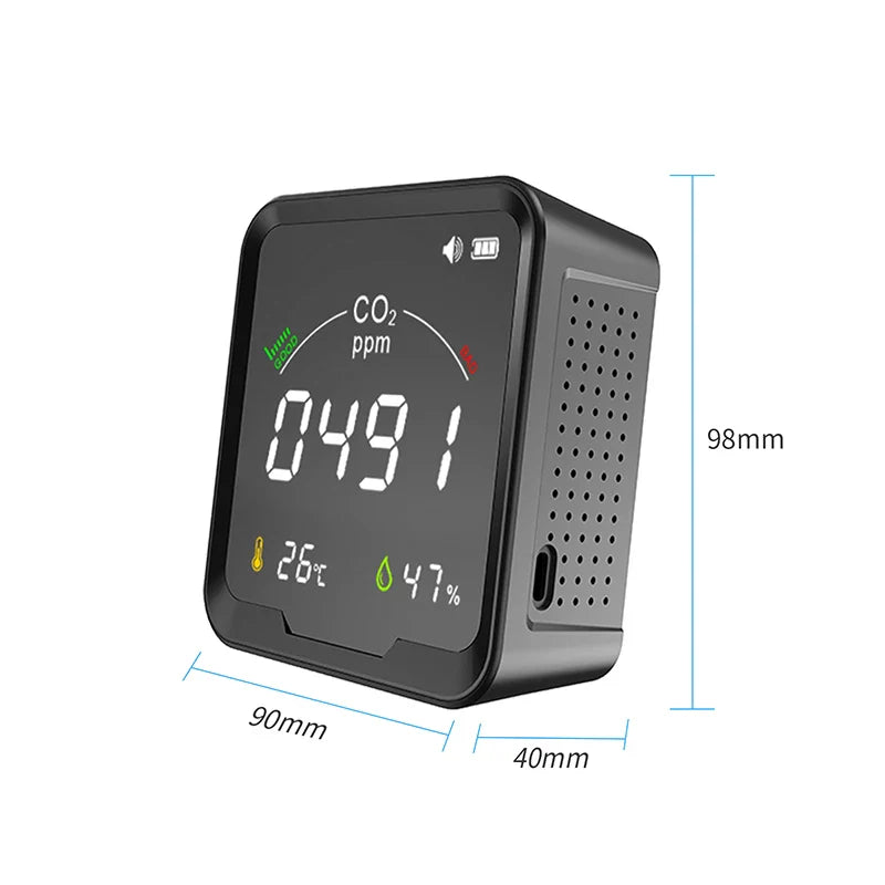 KTX-307411 NDIR CO2 Meter with Temperature and Humidity Display, Model PTH-9C, Desktop Air Quality Monitor