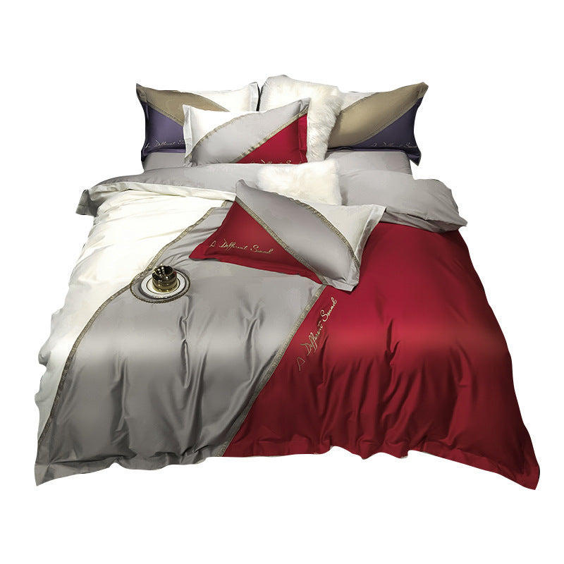 KTX-309523 Long-Staple Cotton Embroidery 4-Piece Contrast Color Satin Bedding Set - Sky Blue, Light Blue, Red, Pink