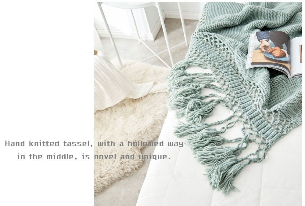 KTX-309843 Handmade Hollow Knitted Blanket with Tassels, 120x180cm, Polyacrylonitrile Material