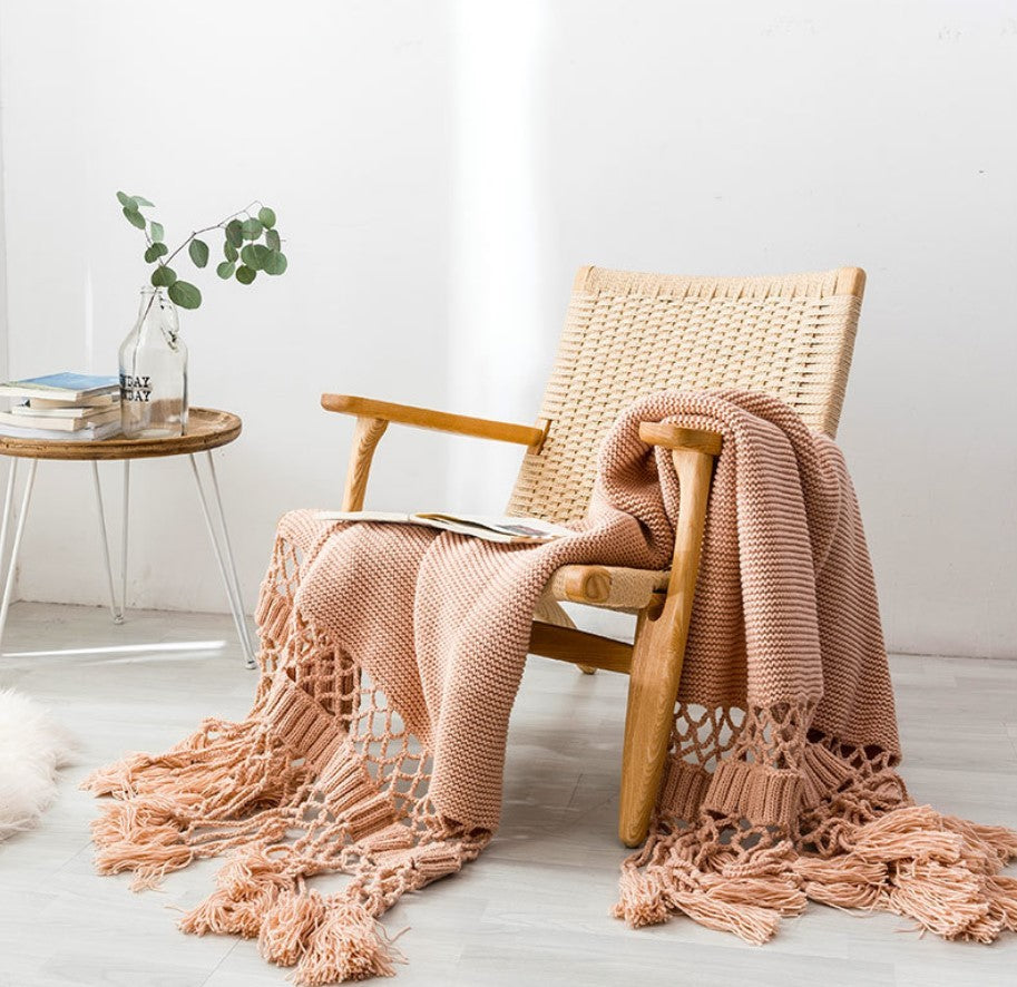 KTX-309843 Handmade Hollow Knitted Blanket with Tassels, 120x180cm, Polyacrylonitrile Material