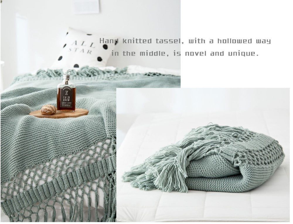 KTX-309843 Handmade Hollow Knitted Blanket with Tassels, 120x180cm, Polyacrylonitrile Material