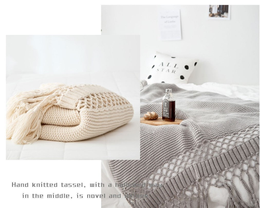 KTX-309843 Handmade Hollow Knitted Blanket with Tassels, 120x180cm, Polyacrylonitrile Material