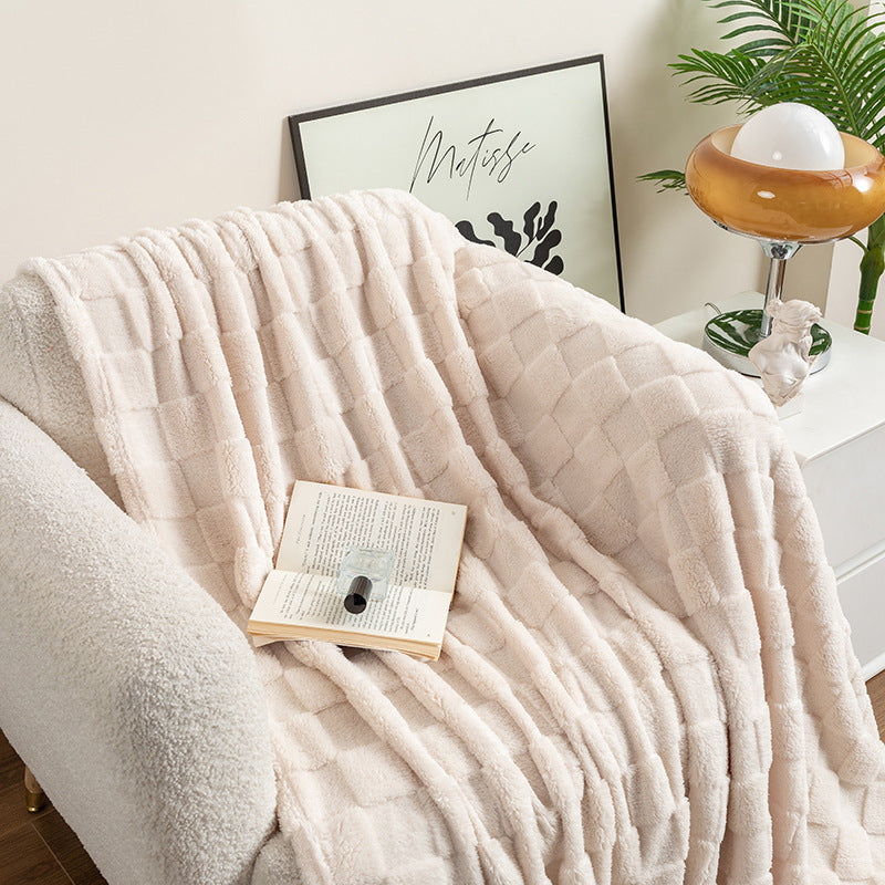 KTX-310675 Thickened Checkered Jacquard Nap Wool Blanket - Available in Milky White and Hulan