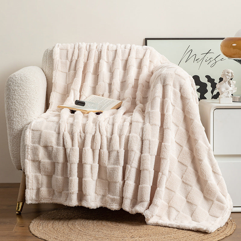 KTX-310675 Thickened Checkered Jacquard Nap Wool Blanket - Available in Milky White and Hulan