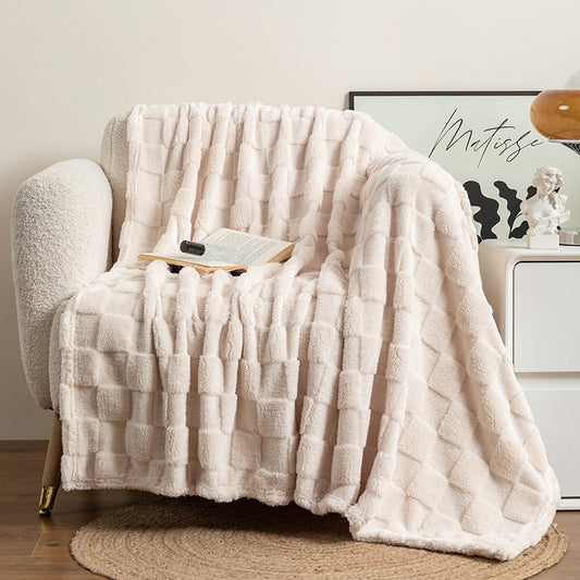 KTX-310675 Thickened Checkered Jacquard Nap Wool Blanket - Available in Milky White and Hulan