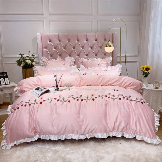 KTX-311507 Washed Silk Four-Piece Embroidered Pastoral Floral Bedding Set