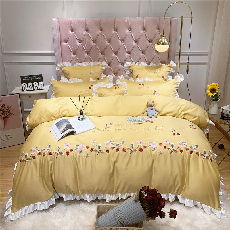 KTX-311507 Washed Silk Four-Piece Embroidered Pastoral Floral Bedding Set