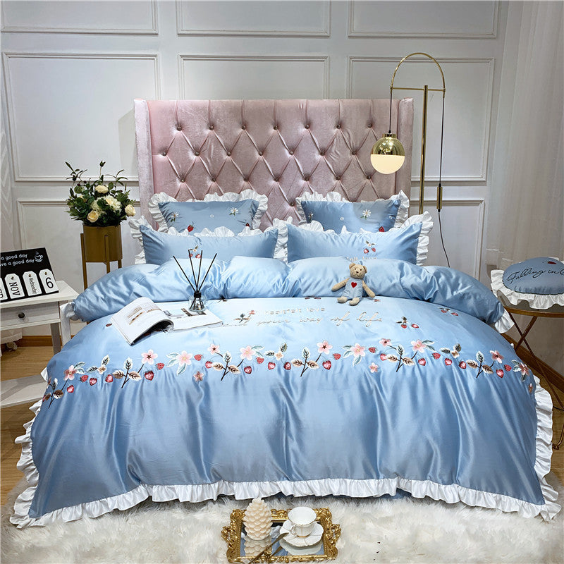 KTX-311507 Washed Silk Four-Piece Embroidered Pastoral Floral Bedding Set