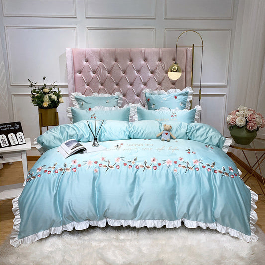 KTX-311507 Washed Silk Four-Piece Embroidered Pastoral Floral Bedding Set