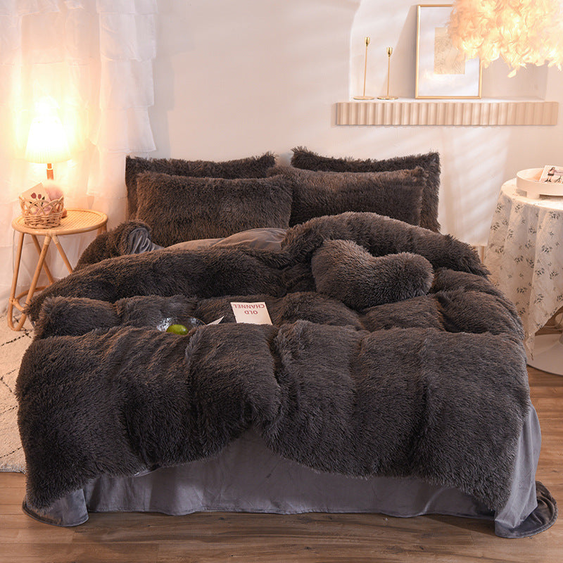 KTX-313747 Thick Fleece Duvet Cover Set with Fluffy Plush Pillowcases for Winter Warmth, Available in Queen and King Sizes