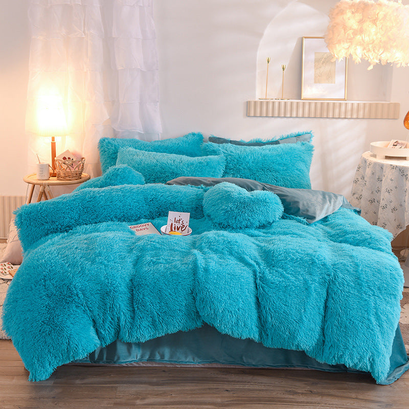 KTX-313747 Thick Fleece Duvet Cover Set with Fluffy Plush Pillowcases for Winter Warmth, Available in Queen and King Sizes