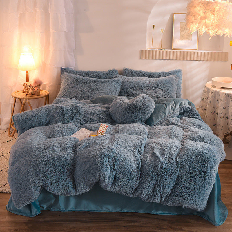 KTX-313747 Thick Fleece Duvet Cover Set with Fluffy Plush Pillowcases for Winter Warmth, Available in Queen and King Sizes